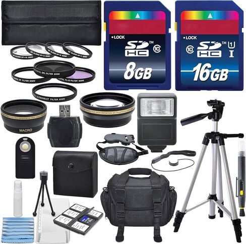 for Canon EOS 70D 77D 80D 90D T8i T7 T7i T6i T6s T6 SL2 SL3 DSLR Cameras 58MM Professional Accessory Kit with Wide-Angle and Telephoto Lenses, Filters Kits, 50 inch Tripod in Kuwait