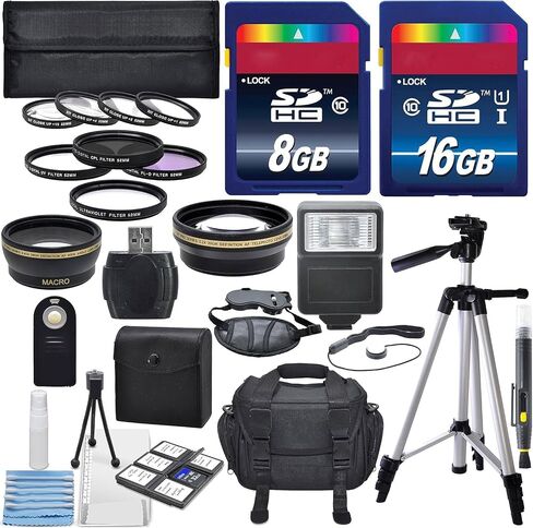 مجموعة ملحقات محترفة 52 مم لنيكون لـ Nikon D7100 D7000 D5500 D5300 D5200 D5100 D3300 D3200 D3100 D3000 DSLR Cameras DSLR مع عدسات واسعة الزاوية والهاتف ، المرشحات ، 16 جيجابايت و 8 جيجا بايت SD in Kuwait