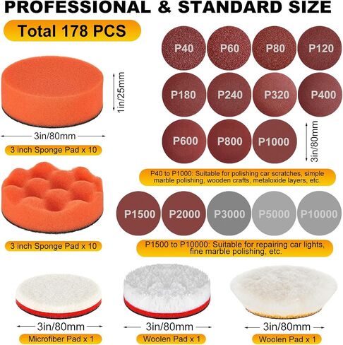 Maxdot 178 PCS Car Santing Kit مرفقات تلميع الحفر ملحقات زاوية أقراص طاحونة الرغوة وسادة التلميع 3 بوصة من وسادات الدعم المحول الرملي للسيارة راتنجات المعادن الزجاجية الخشبية الإبوكسي ، حصى القرص 40-10000 in Saudi Arabia