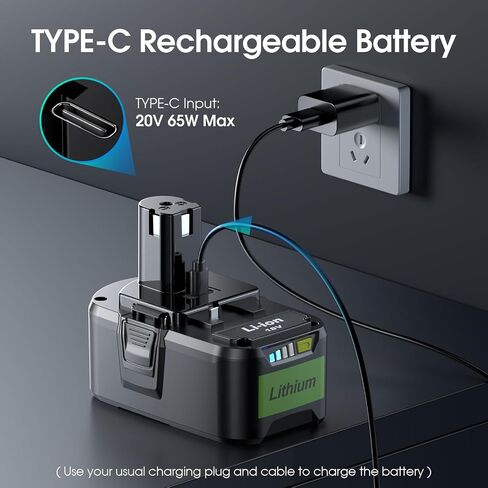 UTRBATT【USB-C Charging Replacement for Ryobi 18V Battery with USB-C Input/Output Port 65W, Compatible with 18 Volt ONE+ P103 P104 P105 P107 P109 P190 P191 P122 for Ryobi 18v Lithium Battery 2Pack in Saudi Arabia
