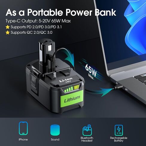 UTRBATT【USB-C Charging Replacement for Ryobi 18V Battery with USB-C Input/Output Port 65W, Compatible with 18 Volt ONE+ P103 P104 P105 P107 P109 P190 P191 P122 for Ryobi 18v Lithium Battery 2Pack in Saudi Arabia