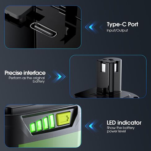 UTRBATT【USB-C Charging Replacement for Ryobi 18V Battery with USB-C Input/Output Port 65W, Compatible with 18 Volt ONE+ P103 P104 P105 P107 P109 P190 P191 P122 for Ryobi 18v Lithium Battery 2Pack in Saudi Arabia