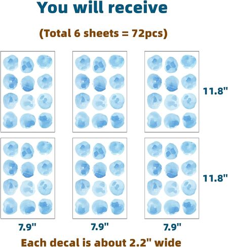 72pcs 2.2 '' Sea Blue Polka Dots Wall Scals Strudery Allovery Wall Stickers for Kids قابل للإزالة قشور وعصا جدار مقاوم للماء ديكور لغرفة المعيشة في الفصل الدراسي in Saudi Arabia