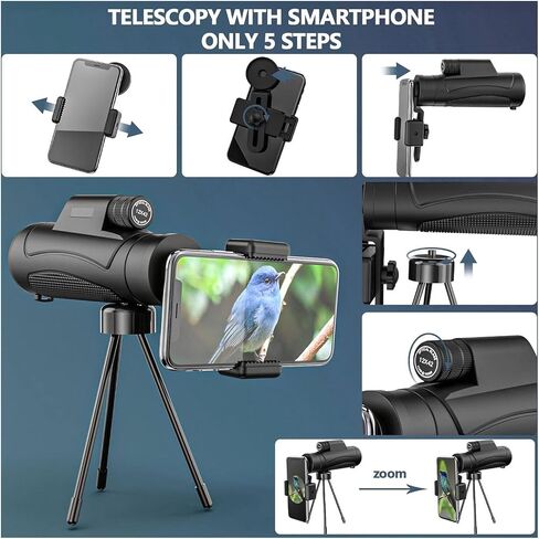 10x42 Monocular Telescope with Smartphone Holder & Tripod - HD Prism Scope for Bird Watching, Hunting, Hiking, Travel, Camping in Saudi Arabia