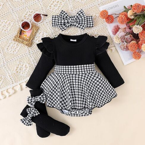 Giraropa Baby Girl Fall Winter Clothes Long Sleeve Romper Dress + Socks + Headband Newborn Infant Cute Casual Outfits in Saudi Arabia
