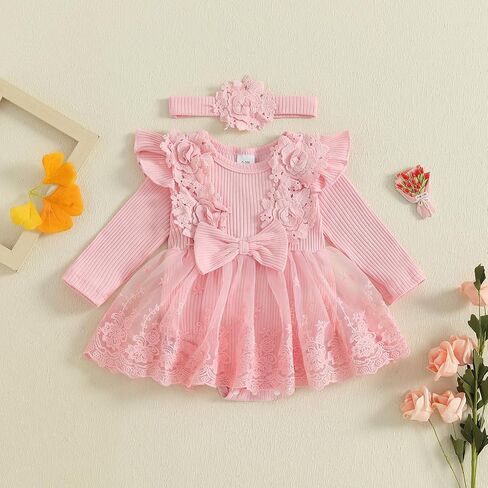 Giraropa Baby Girl Fall Winter Clothes Long Sleeve Romper Dress + Socks + Headband Newborn Infant Cute Casual Outfits in Saudi Arabia