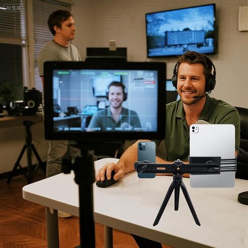 Dual Phone Holder Phone Tripod Mount Adapter, Universal 360° Rotation Adjustable Clip Stand for Vlog Live Streaming Video Recording, Compatible with 1/4'' Screws, Black in Saudi Arabia