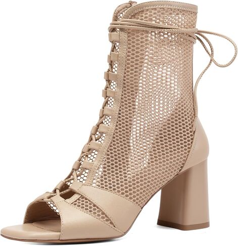 Mesh Chunky High Heel Sandals Booties for Women, Peep Toe Gladiator Sandals with Lace Up Straps, Side Zipper, Sexy Breathable Fishnet Combat Short Boots Shoes in Kuwait