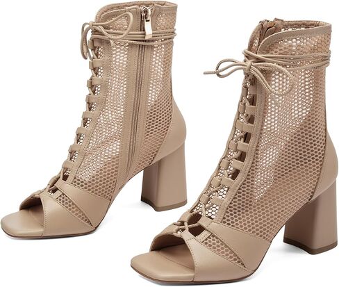 Mesh Chunky High Heel Sandals Booties for Women, Peep Toe Gladiator Sandals with Lace Up Straps, Side Zipper, Sexy Breathable Fishnet Combat Short Boots Shoes in Kuwait