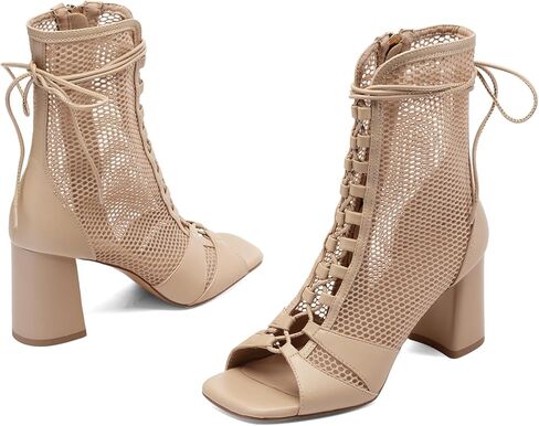 Mesh Chunky High Heel Sandals Booties for Women, Peep Toe Gladiator Sandals with Lace Up Straps, Side Zipper, Sexy Breathable Fishnet Combat Short Boots Shoes in Kuwait