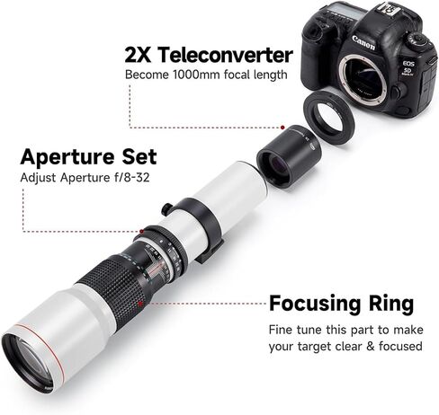 Optura HD White 500mm/1000mm f/8 عدسة تليفوتوغرافي يدوي لـ Nikon D3300 D3100 D3200 D7500 D7200 D7000 D7100 D750 D90 D850 عدسات الكاميرا in Saudi Arabia