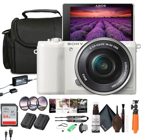 Sony Alpha a5100 Mirrorless Camera with 16-50mm Power Zoom Lens | 24.3MP APS-C Sensor, Fast Hybrid Autofocus (White) + Filter Kit + 64GB Card + NPF-W50 Battery + Card Reader + More in Saudi Arabia