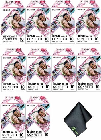 Fujifilm Instax Mini Confetti Film (100 تعرض) حزمة مع قطعة قماش لتنظيف الألياف الدقيقة in Saudi Arabia