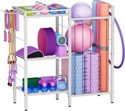 3 Tiers Dumbbells Yoga Mat Storage Rack with Elastic Straps for Kettlebells Foam Roller Resistance Bands Balls, Workout Equipment Organizer Weight Storage Holder with Hooks for Home Gym in Kuwait