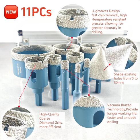 11pcs Diamond Hole Saw Drill Bits Set, 10PCs Drill Bits & 2" Chamfer Milling Bit, Trangle Shank Thread, Tools, Tool Box,Drill Bit Set, Drill Bit Sharpener in Saudi Arabia