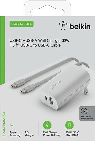 Belkin USB C Wall Charger 32W C to C Cable Included PD with 20W USB C & 12W USB A Ports for USB-C Power Delivery in Saudi Arabia