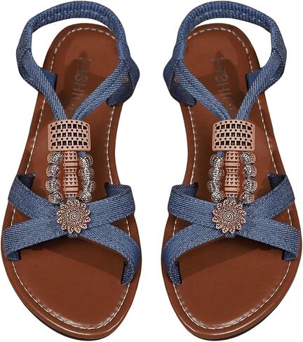 Gorglitter Women's Denim Jeans Sandals Boho Roman Strappy Slides مرنة في الكاحل الشاطئ الشاطئ الشاطئ الصيفي in Saudi Arabia