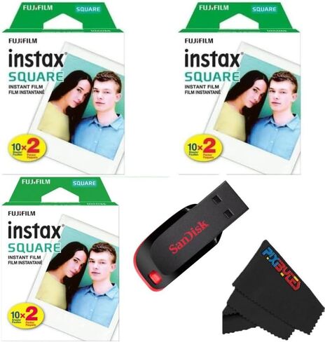 Fujifilm Instax Square Instant Film with USB and PixiBytes Microfiber Cleaning Cloth... (USB + 3 Twin Packs) in Saudi Arabia