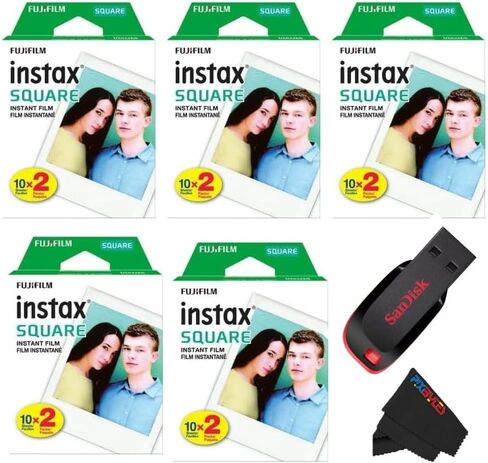 Fujifilm Instax Square Instant Film with USB and PixiBytes Microfiber Cleaning Cloth... (USB + 5 Twin Packs) in Saudi Arabia