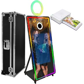 65 inch Portable Mirror Photo Booth,Magic Mirror Selfie Photobooth Stand Machine 32'' Touch Screen with Ring Light and Trolley Flight Case for Parties (Black, Machine+Mini Printer) in Kuwait