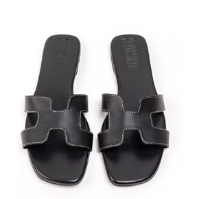 Women's Voyage Flat Slide Sandals - Square Open Toe Slides H-Band Slides for Women Fashionable Slip-On with Soft Leather Slippers for Summer | Comfort Walking with Beach Shoes in Saudi Arabia