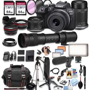Canon EOS R10 Mirrorless Camera18-45mm و 55-210mm Lenses + 420-800mm Super Teapto Lens + 128GB ذاكرة ، مصباح LED ، ميكروفون ، بطارية احتياطية ، حالة ، ترايبود ، فلاش ، (حزمة 44pc) (متجددة) in Kuwait