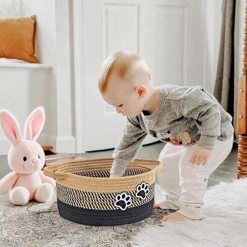 Small Woven Cotton Rope Nursery Organizer Bins, Dog Toy Basket Bins with Handle, Cute Empty Baby Gift Storage Baskets with Paw in Kuwait