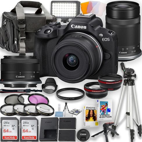 Canon EOS R50 Mirrorless Camera مع 18-45 مم هي عدسة STM و 55-210 مم عدسة STM + LED Video Light ، 2pc 64GB الذاكرة ، عدسة Wideangle وعدسة تليفوتوغرافية ، ترايبود ، حالة ، مرشحات وأكثر (متجددة) in Saudi Arabia