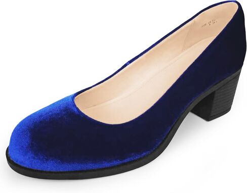 Women's Velvet Mary Jane Pumps Comfortable Slip-On Low Block Heel Round Toe Dress Shoes Vintage Retro Style in Kuwait
