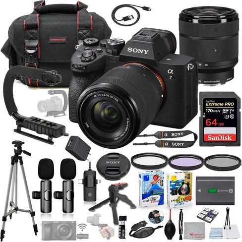كاميرا Sony A7 IV غير المرآة مع حزمة عدسة 28-70 مم + نظام ميكروفون لاسلكي + حزمة ملحقات بما في ذلك 64 جيجابايت من الذاكرة ، U-GRIP ، العلبة ، ثلاثي القوائم ، البرامج والمزيد (30 عنصرًا) in Saudi Arabia