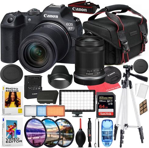 كاميرا Canon EOS R7 بدون مرآة مع حزمة من 18-150 مم العدسة + حزمة ملحق مع مصباح الفيديو LED ، مرشحات HD ، 64 جيجابايت SD ، CASE ، وحزمة برامج التحرير (متجددة) in Saudi Arabia