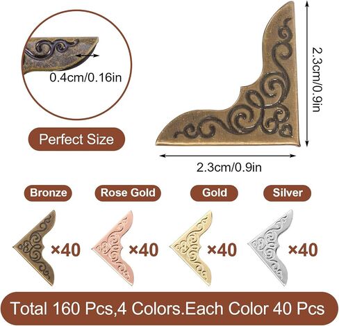 160 Pcs Book Corner Protectors, Photo Corners Corner Guards Corners Covers Scrap Scrapbook Accessories Book Binding Tools for Vintage Books Picture Album Notebook (Bronze, Silver, Gold, Rose Gold) in Saudi Arabia