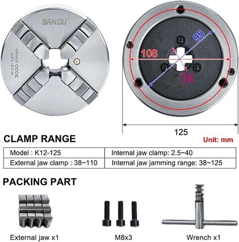 4 Jaw Lathe Chuck 125mm Big Bore 38mm 4 Jaw Self-Centering Chuck K12-125 Metal Chuck Scroll Chuck for Mini Lathe WM210V in Saudi Arabia