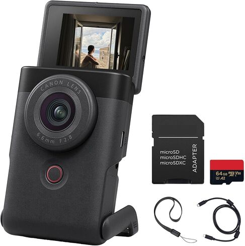 Canon PowerShot V10 Vlog Camera – Compact 4K Vlogging Camera with Built-in Stand, Mics & Flip Screen (Black) (5947C002) + Shoulder Bag + 64GB Memory Card in Saudi Arabia