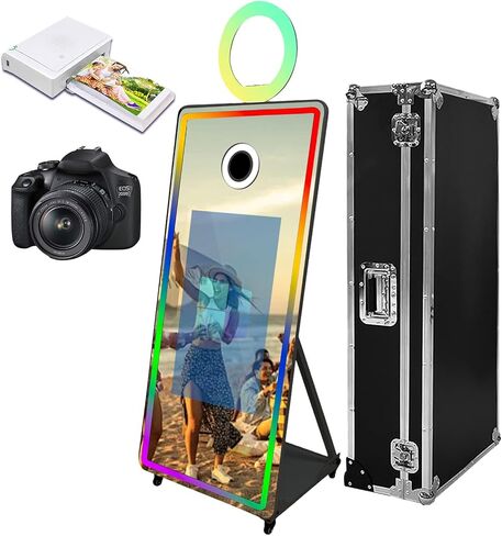 65 inch Portable Mirror Photo Booth,Magic Mirror Selfie Photobooth Stand Machine 32'' Touch Screen with Ring Light and Trolley Flight Case for Parties (Black, Machine+Camera+Mini Printer) in Kuwait