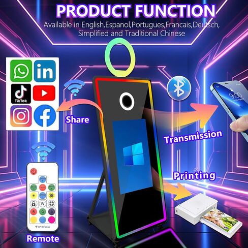 65 inch Portable Mirror Photo Booth,Magic Mirror Selfie Photobooth Stand Machine 32'' Touch Screen with Ring Light and Trolley Flight Case for Parties (Black, Machine+Camera+Mini Printer) in Kuwait