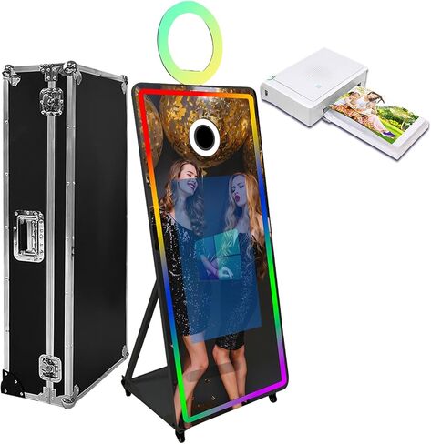 65 inch Portable Mirror Photo Booth,Magic Mirror Selfie Photobooth Stand Machine 32'' Touch Screen with Ring Light and Trolley Flight Case for Parties (Black, Machine+Camera+Mini Printer) in Kuwait