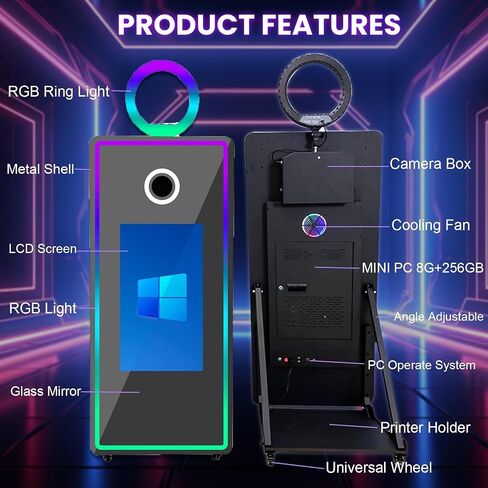 65 inch Portable Mirror Photo Booth,Magic Mirror Selfie Photobooth Stand Machine 32'' Touch Screen with Ring Light and Trolley Flight Case for Parties (Black, Machine+Camera+Mini Printer) in Kuwait