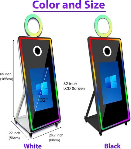 65 inch Portable Mirror Photo Booth,Magic Mirror Selfie Photobooth Stand Machine 32'' Touch Screen with Ring Light and Trolley Flight Case for Parties (Black, Machine+Camera+Mini Printer) in Kuwait