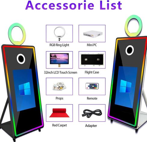65 inch Portable Mirror Photo Booth,Magic Mirror Selfie Photobooth Stand Machine 32'' Touch Screen with Ring Light and Trolley Flight Case for Parties (Black, Machine+Camera+Mini Printer) in Kuwait