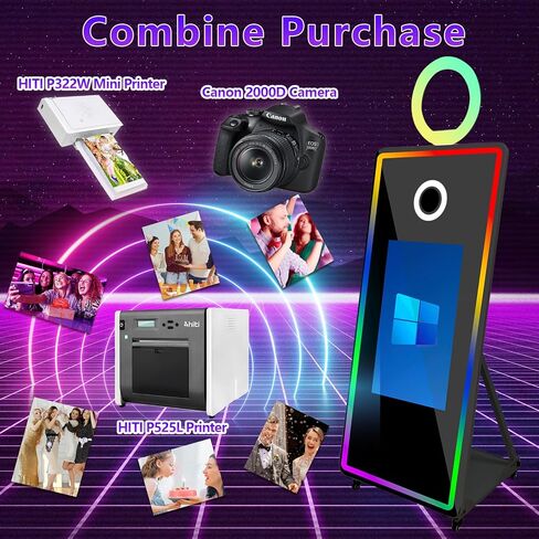 65 inch Portable Mirror Photo Booth,Magic Mirror Selfie Photobooth Stand Machine 32'' Touch Screen with Ring Light and Trolley Flight Case for Parties (Black, Machine+Camera+Mini Printer) in Kuwait