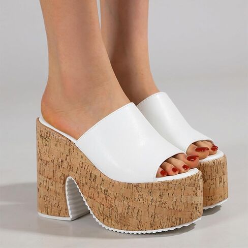 Women's Cork Platform Open Round Toe High Chunky Heel Mules Sandals Sexy Backless Comfortable Slip On Non-slip Dress Summer High Heel Sandals fot Party Dance Wedding Shoes in Saudi Arabia