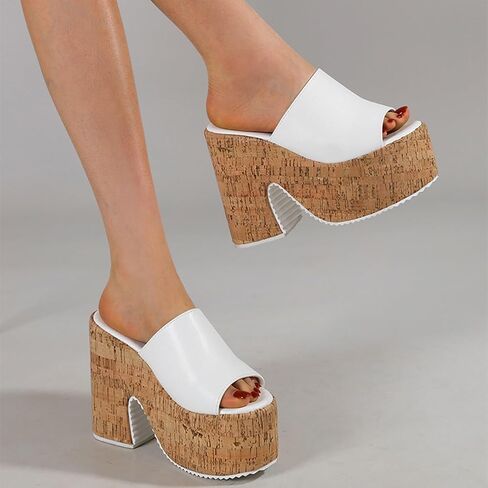 Women's Cork Platform Open Round Toe High Chunky Heel Mules Sandals Sexy Backless Comfortable Slip On Non-slip Dress Summer High Heel Sandals fot Party Dance Wedding Shoes in Saudi Arabia
