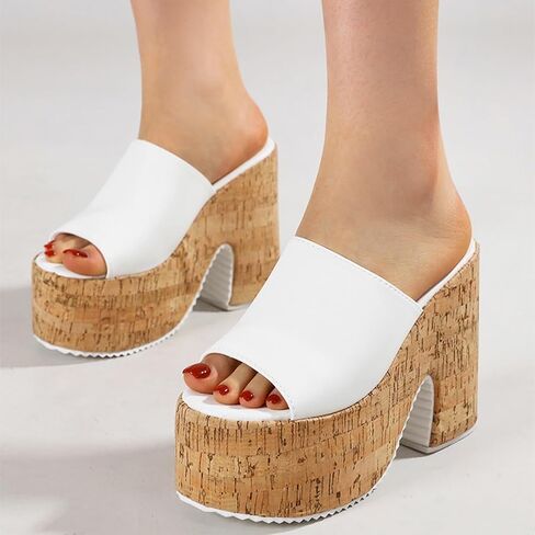 Women's Cork Platform Open Round Toe High Chunky Heel Mules Sandals Sexy Backless Comfortable Slip On Non-slip Dress Summer High Heel Sandals fot Party Dance Wedding Shoes in Saudi Arabia