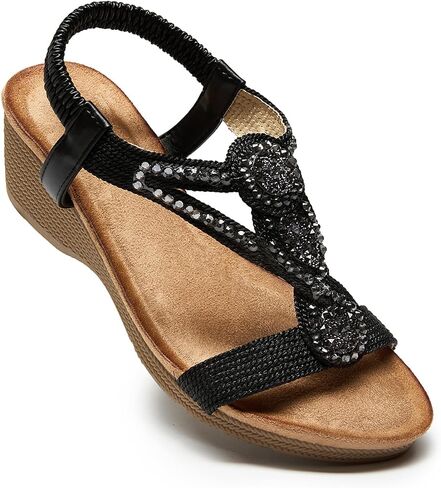 صندل Youngshow Wedge للنساء Rhinestone Low -Heel Cheel Coletcl Locle Womens Women in Saudi Arabia