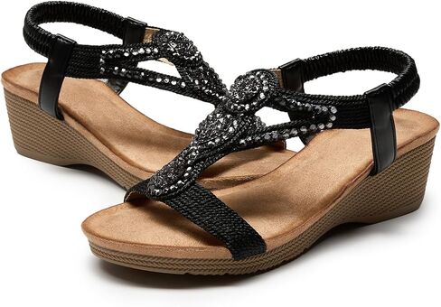 صندل Youngshow Wedge للنساء Rhinestone Low -Heel Cheel Coletcl Locle Womens Women in Saudi Arabia
