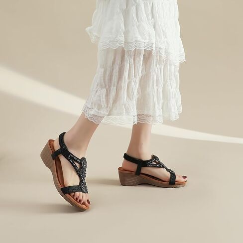 صندل Youngshow Wedge للنساء Rhinestone Low -Heel Cheel Coletcl Locle Womens Women in Saudi Arabia