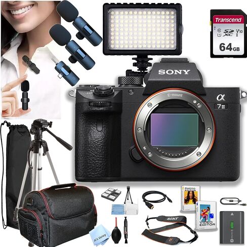 كاميرا Sony A7 III بدون مرآة (الجسم فقط) + 64 جيجابايت من الذاكرة ، والميكروفونات اللافائية اللاسلكية ، و 126 مصباح LED ، وأكثر (حزمة 22pc) (متجددة) in Kuwait
