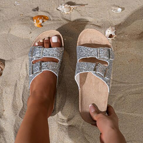 Women's Gold Glitter Slide Sandals Double Buckle Summer Flip Flops Comfortable Flat Casual Shoes in Saudi Arabia