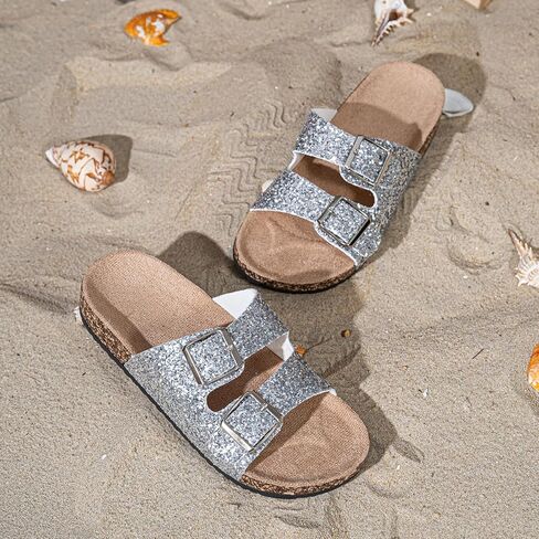 Women's Gold Glitter Slide Sandals Double Buckle Summer Flip Flops Comfortable Flat Casual Shoes in Saudi Arabia